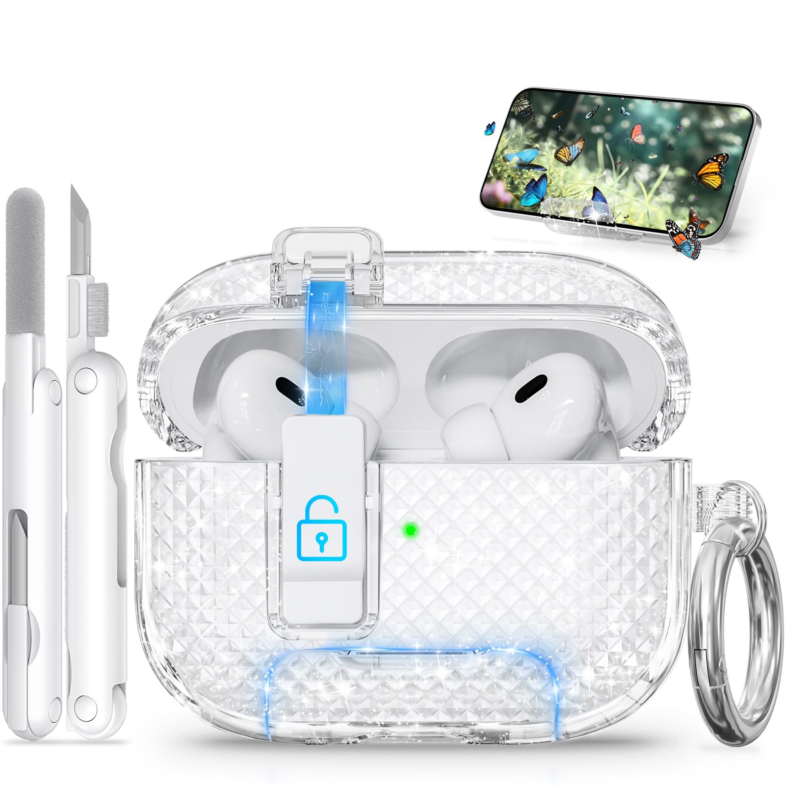Ekoonpft for AirPods Pro 2 Case with Phone Stand &amp; Secure Lock, Auto-Open Clear Cover Compatible with Apple AirPods Pro 2nd/1st Gen (2023,2022,2019) with Cleaning Kit &amp; Keychain (Shine)