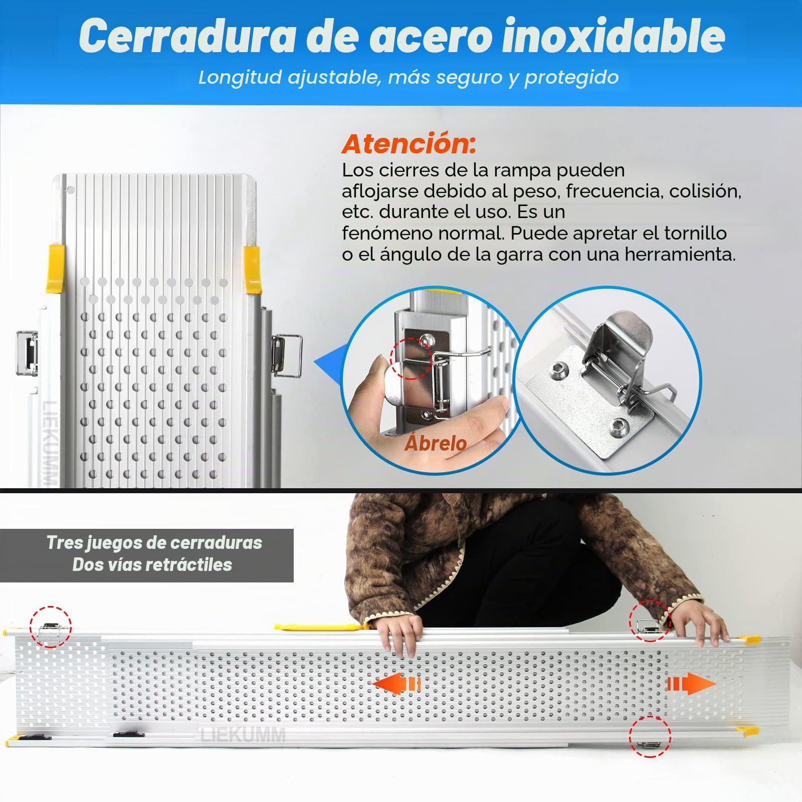LIEKUMM Rampas para Silla de Ruedas, ALU Sólida, telescópica de 126-300 cm | Carga máxima 300 kg, Pack 2 uds Antideslizante Portátil Estable Antioxidante, Adecuada para 1-5 escalones, Umbrales y Coches