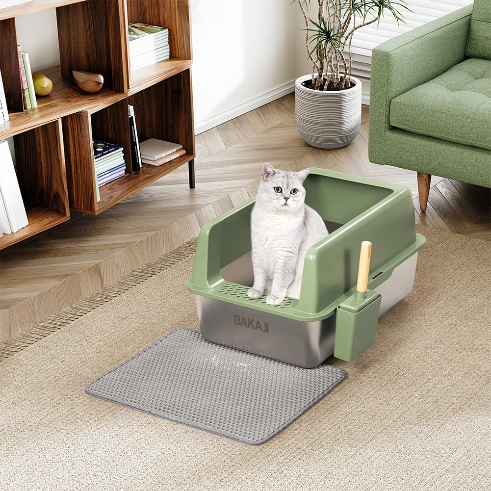 BAKAJI XXL offene Katzentoilette mit Stahlbasis mit sandabweisendem Rand, Schaufel und Behälter, schmutzabweisende Matte, rutschfeste Unterseite, Fassungsvermögen 35 l, 60 x 40 x 30 cm