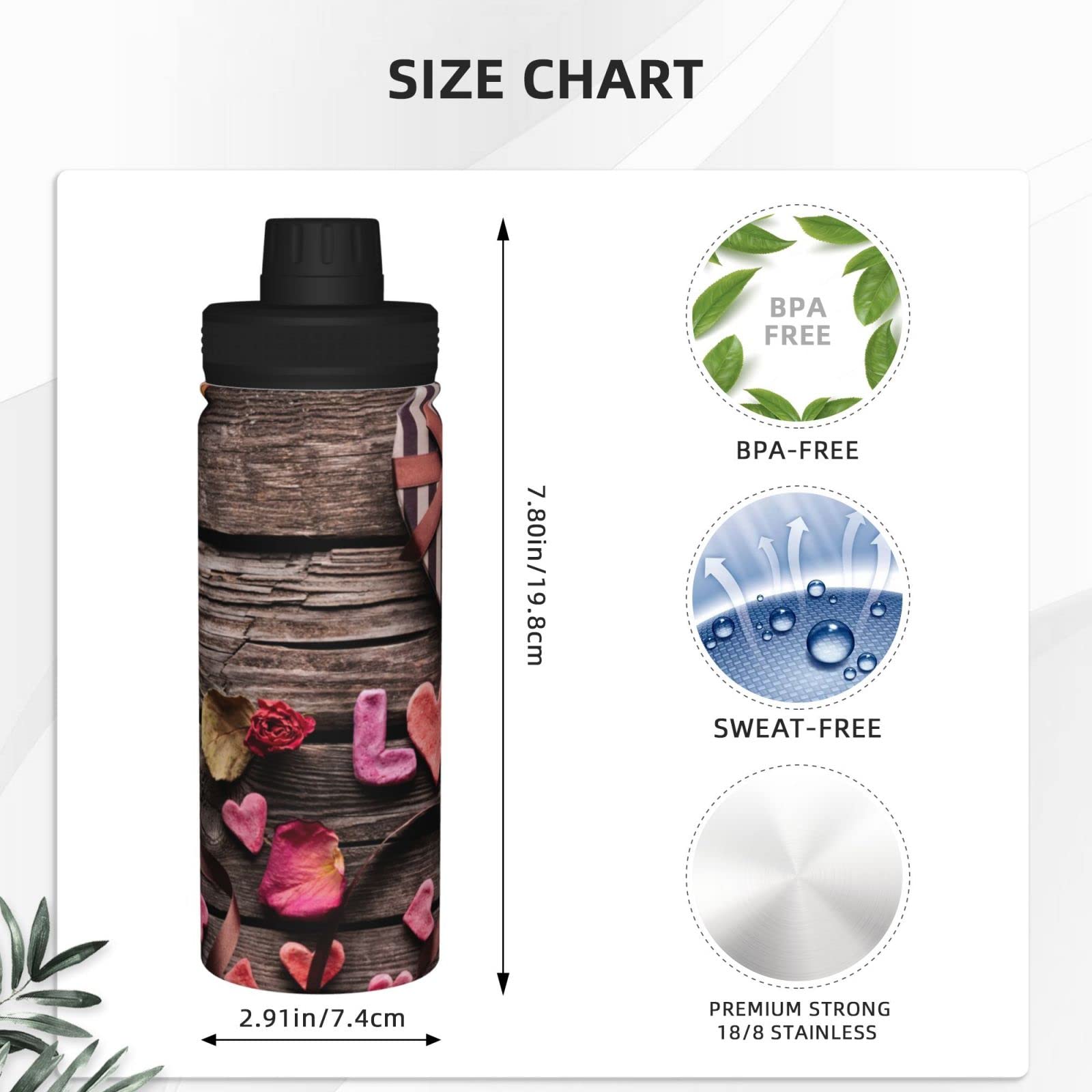 Rose Heart Love Sport-Wasserflasche, 530 ml, isolierte Edelstahl, auslaufsichere Wasserflasche für Reisen, Fitnessstudio, Büro