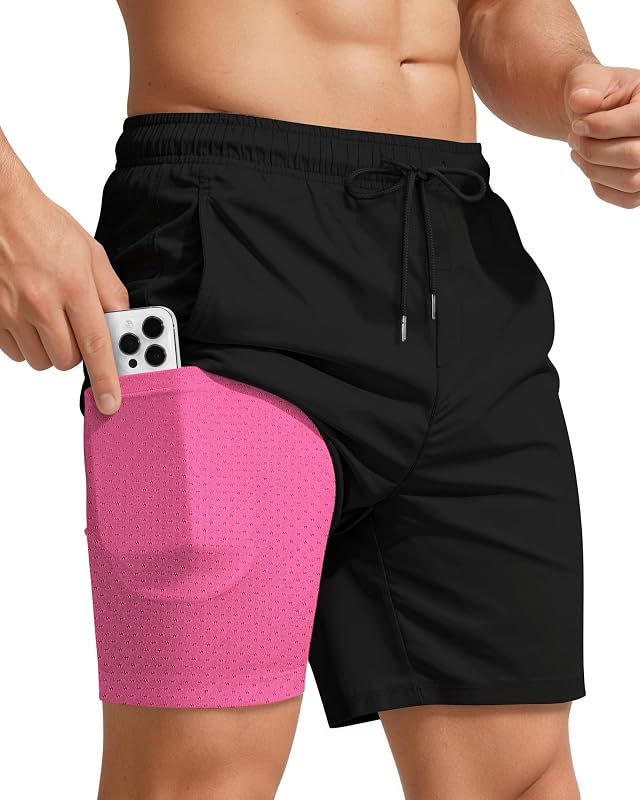 Men Swim Trunks with Compression 7 Inches Breathable Liner Quick Dry Zipper Pockets for Board Beach Gym Running
