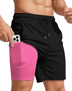 7 Inch Men Swim Trunks mid-thigh Compression Liner Zipper Pocket Quick Dry Swimwear Swimsuit Beach Water Shorts Gym Essential Running Accessories Workout Must Have Athletic Necessities Yoga Stuff