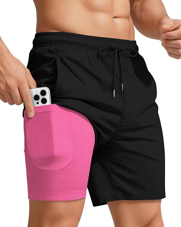 7 Inch Men Swim Trunks mid-thigh Compression Liner Zipper Pocket Quick Dry Swimwear Bathing Suit Water Shorts Training Jogging Tennis Baseball Pickleball Hiking Active Attire Clothes Outfit Apparel
