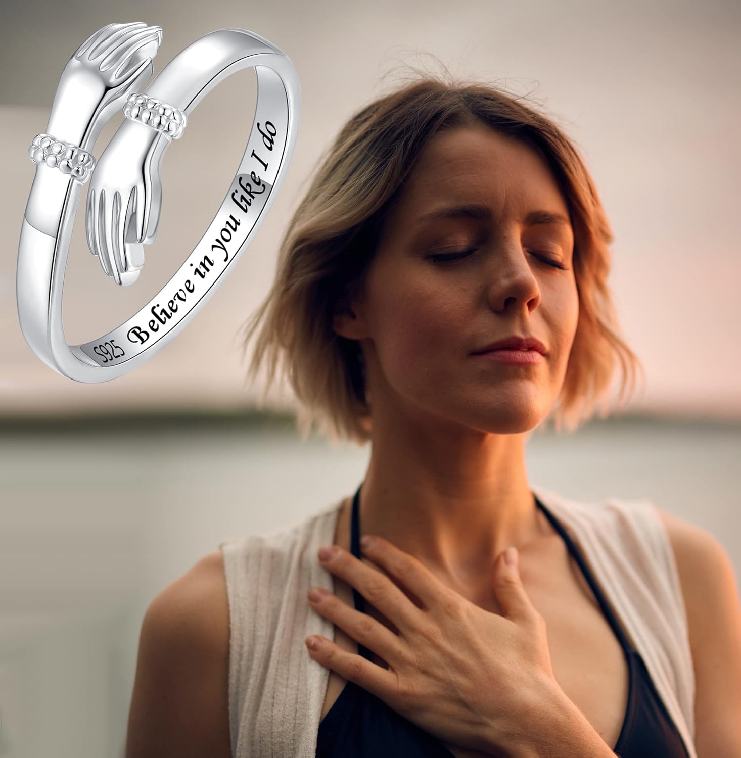 Step Forward Hug Ring for Women Sterling Silver, Adjustable Silver Hand Rings for Her, Birthday Anniversary Christmas Thanksgiving Day Gift Jewelry - Image 2