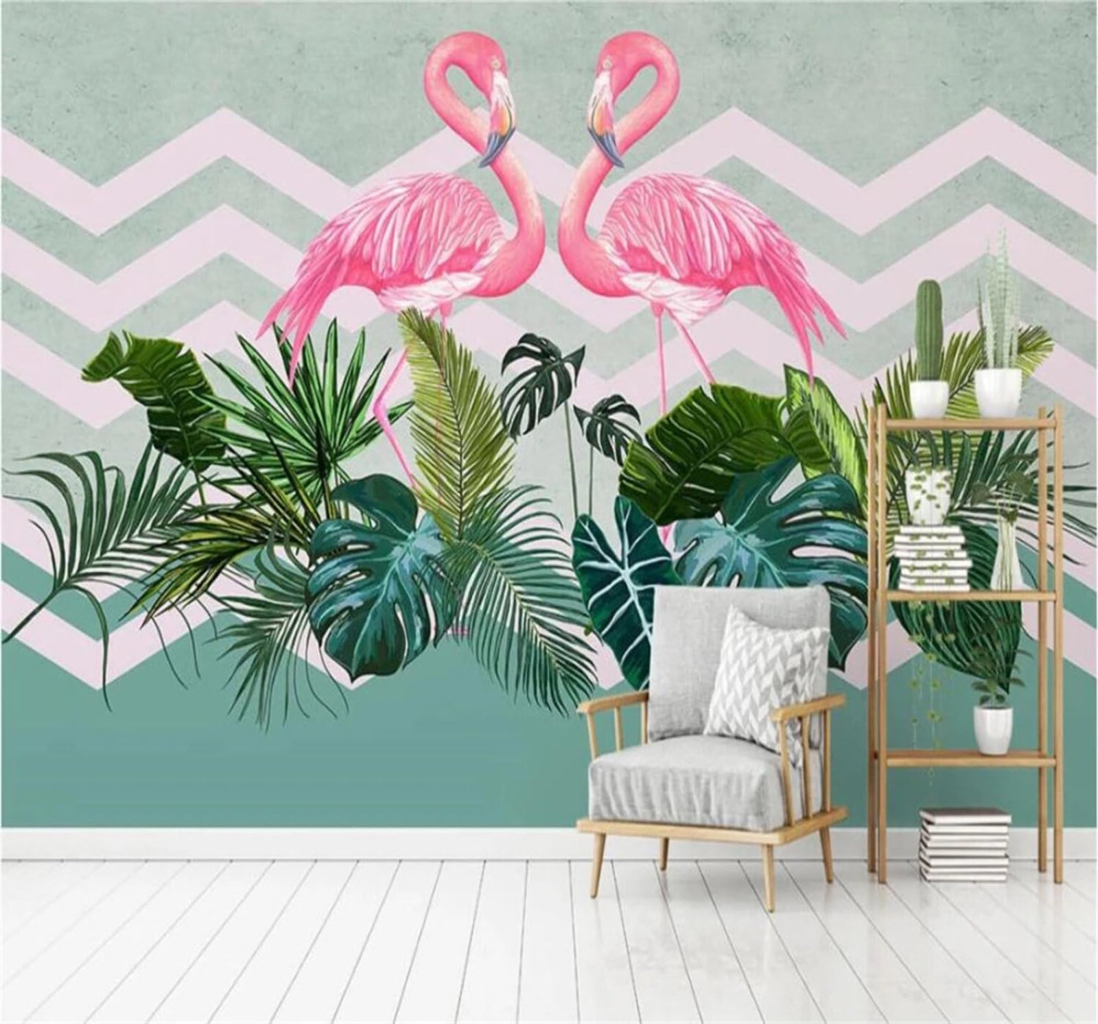 Wallpaper-3D-Xlm 300Cm×210Cm(B×H) Minimalist Green Tropical Plants Flamingos 3D Wallpaper Easy Install Feature Office Living Room Sofa Bedroom Tv Background Wall Decoration-300Cm×210Cm