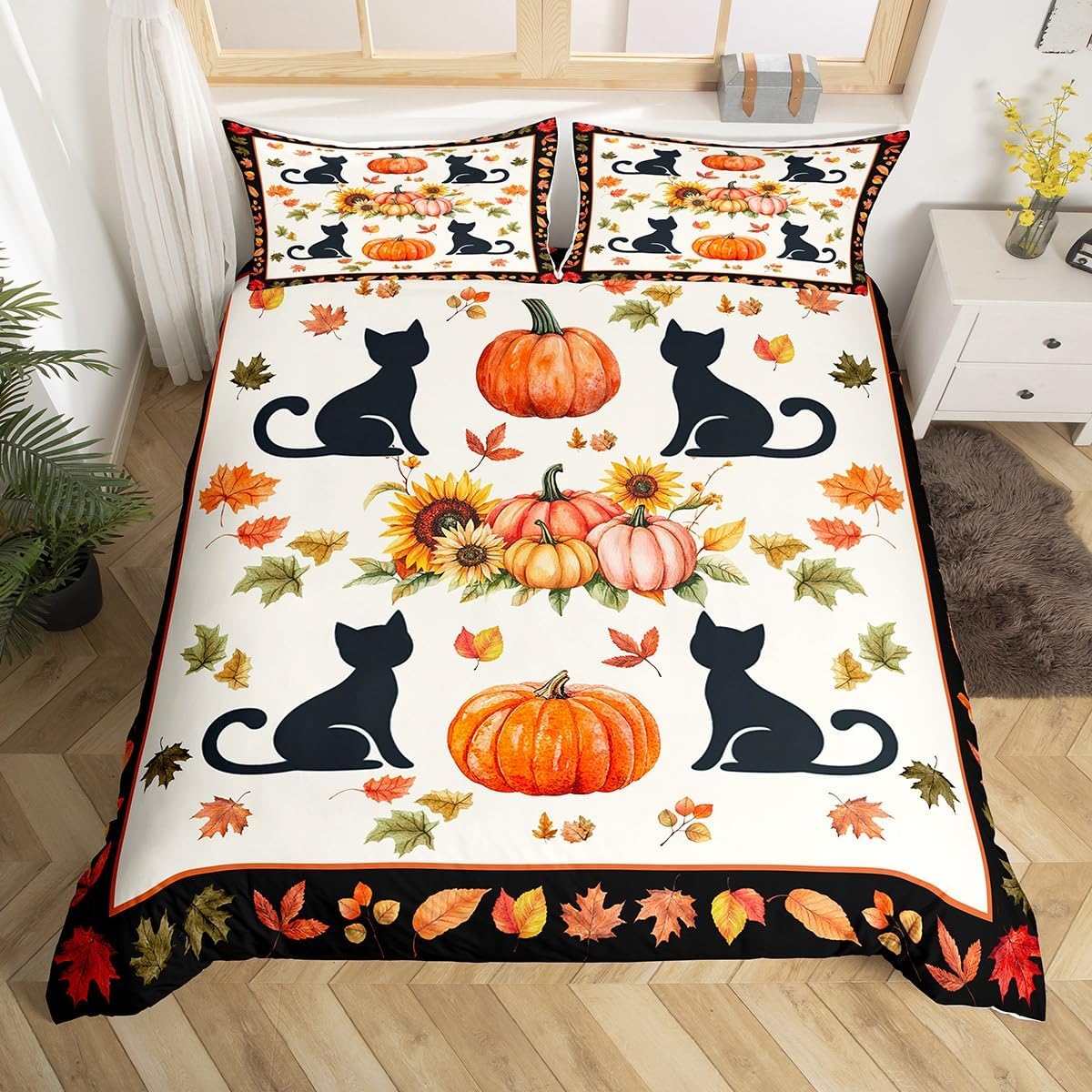 Cartoon Cat Duvet Cover Set Toddler Size,Happy Fall Autumn Bedding Set(No Comforter),Fall Maple Leaves Pumpkin Quilt Cover for Kids Bedroom Decor,2 Pcs
