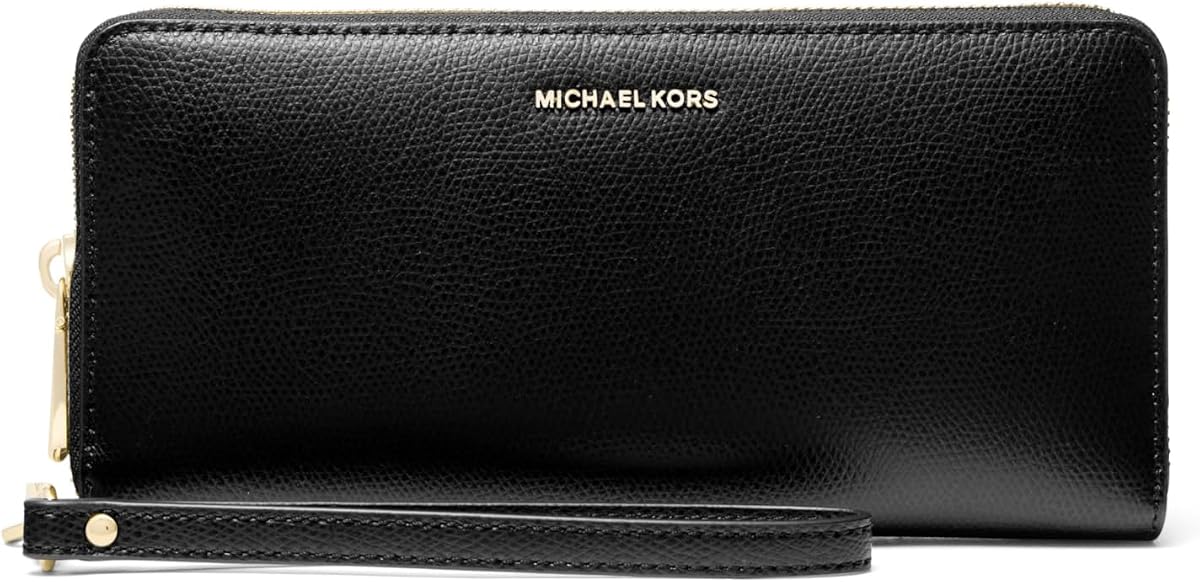 Jet Set Travel Continental, hardware en tono dorado/firma MK con correa de logotipo/negro