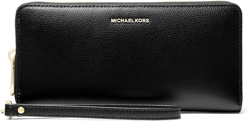 Jet Set Travel Continental, hardware en tono dorado/firma MK con correa de logotipo/negro