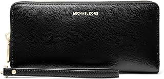 Jet Set Travel Continental, hardware en tono dorado/firma MK con correa de logotipo/negro