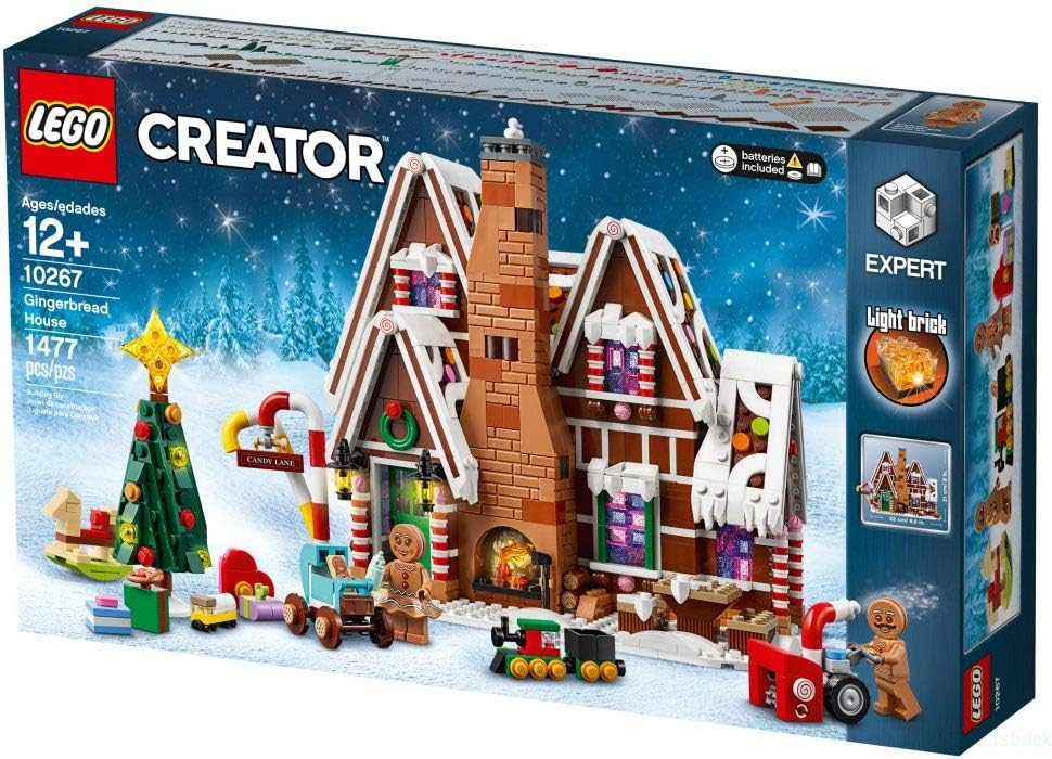 LEGO Creator Expert Gingerbread House 10267 box: a brown gingerbread house with white icing on its roofs, candy-colored details, a tall chimney, a Christmas tree and gingerbread figures, with the 12+ age mark on the box