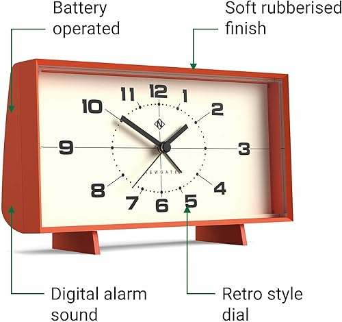 Miniatura 6 de NEWGATE Reloj despertador Wideboy Diseño retro rectangular Naranja calabaza Esfera de mediados de siglo Ideal para mesita de noche, escritorio,