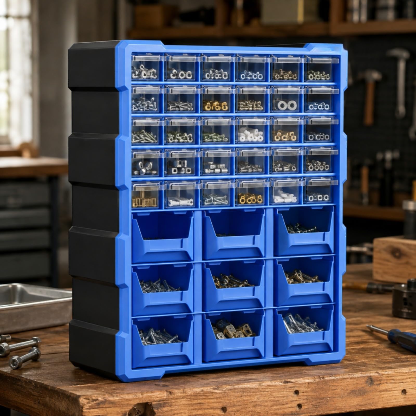 Organizador Modular Pared y Mesa Plástico Organizador con Cajones Frontales Transparentes Pequeño para Banco Trabajo, Ferretería Doméstica, Verde