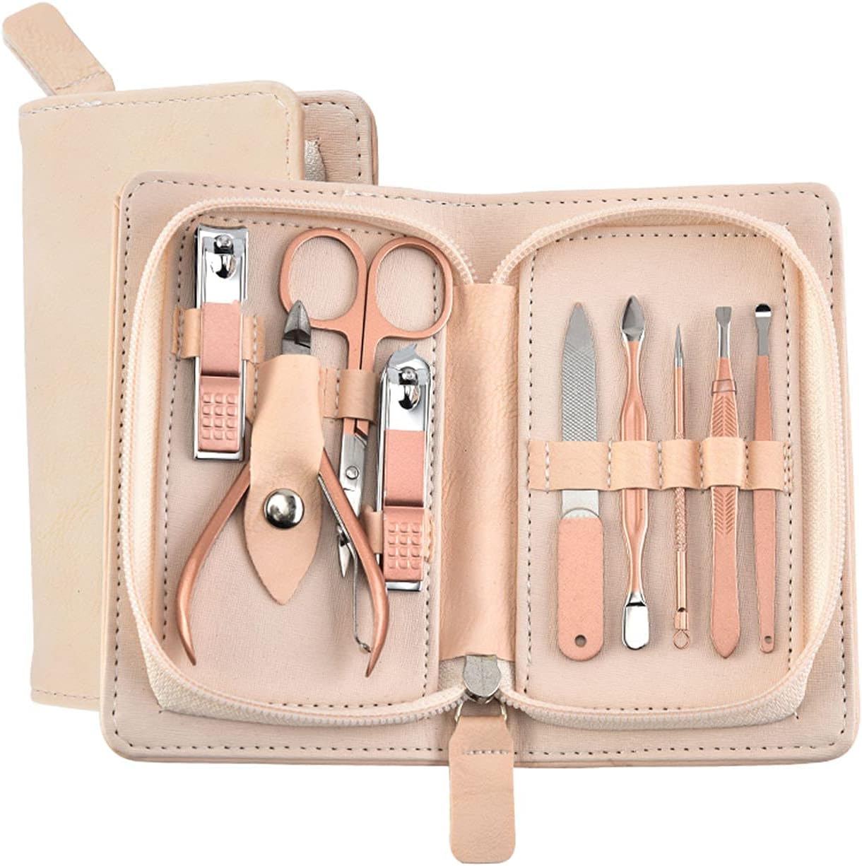 MAKINGTEC Portable Nail Clipper Set, Nail Clippers and Grooming Tools Set with 9 Tools, Stainless Steel Nail Care Set with Leather Bag for Home Outdoor Travel Beauty Salon (Rose Gold)