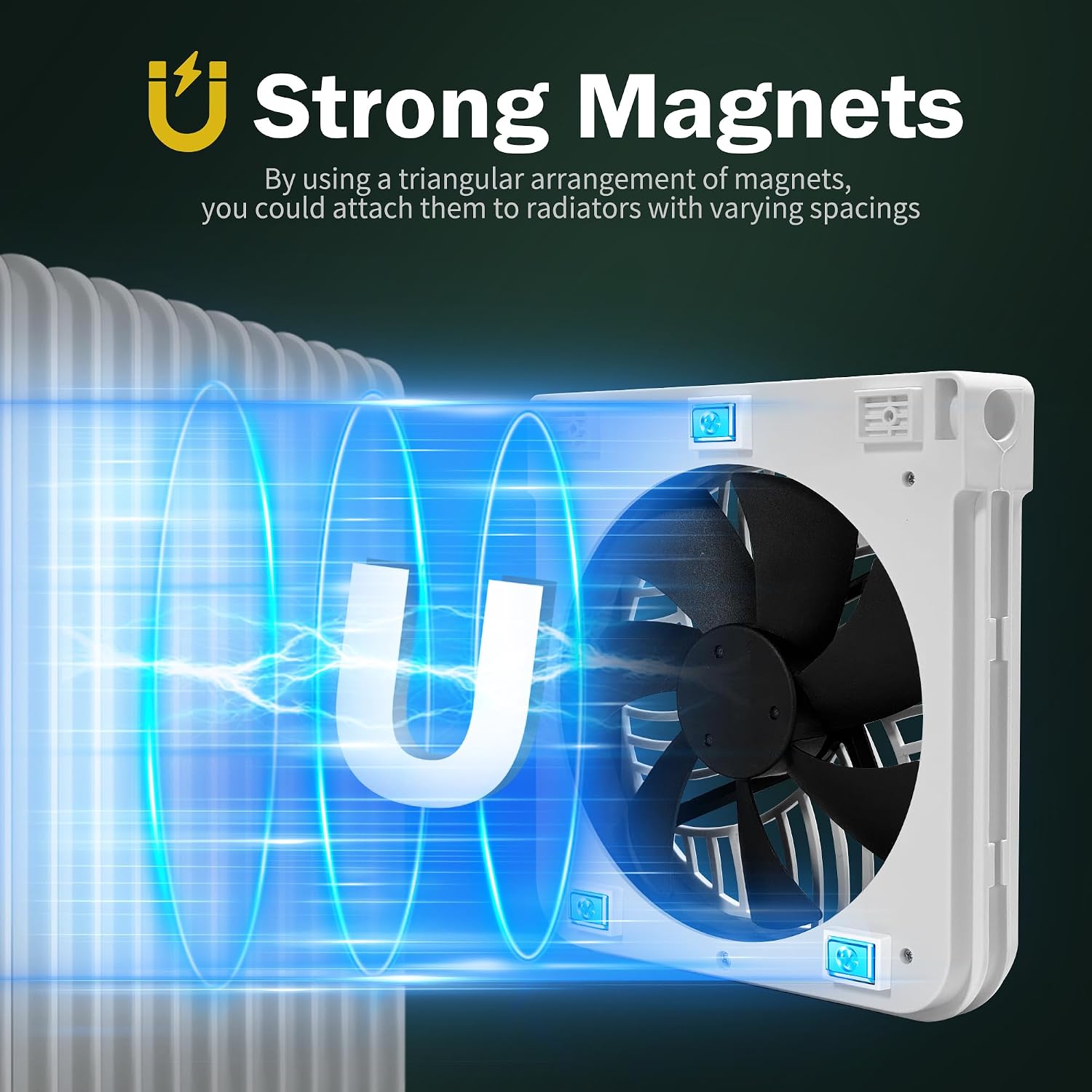 Close-up of the EcoCalm radiator fan showing the strong magnets on its back.