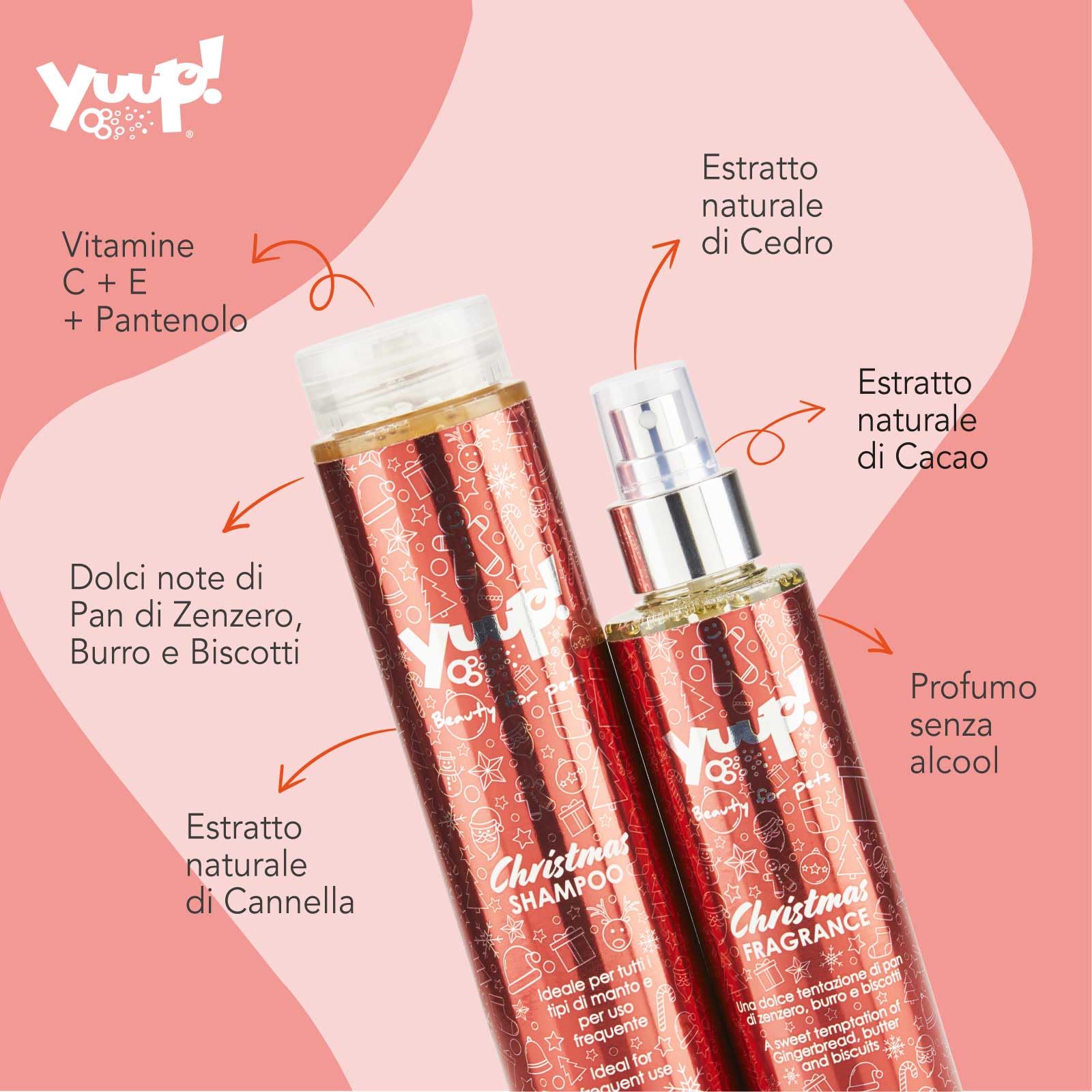 YUUP! - CHRISTMAS DUO | Shampoo e Fragranza natalizia al profumo di Pan di Zenzero, Burro e Biscotti, kit per cani e gatti