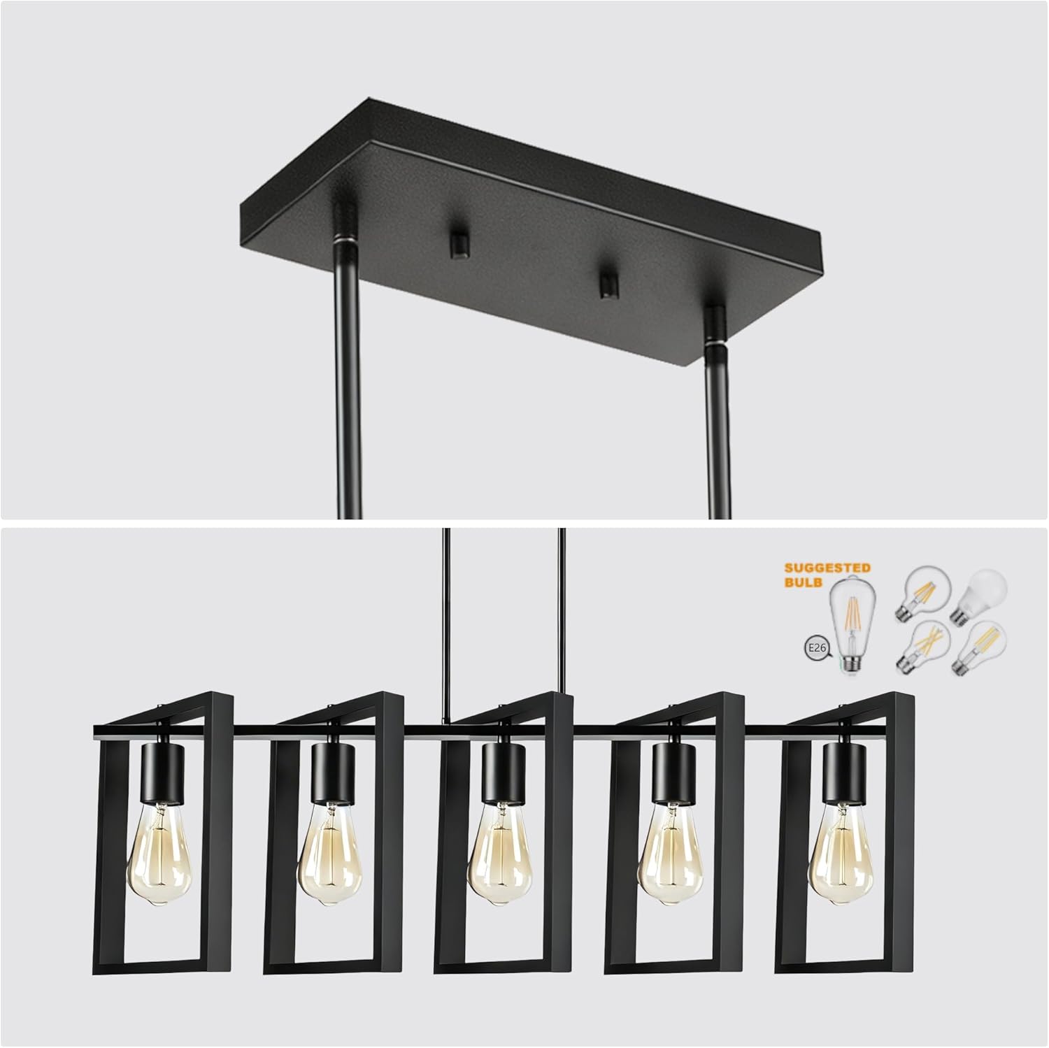 5-Light Island Lights for Kitchen, Rectangular Black Metal Kitchen Island Chandelier 41.3" Adjustable Rustic Modern Dining Room Light Fixtures Over Table, Chandeliers for Dining Room 5-Lights Black