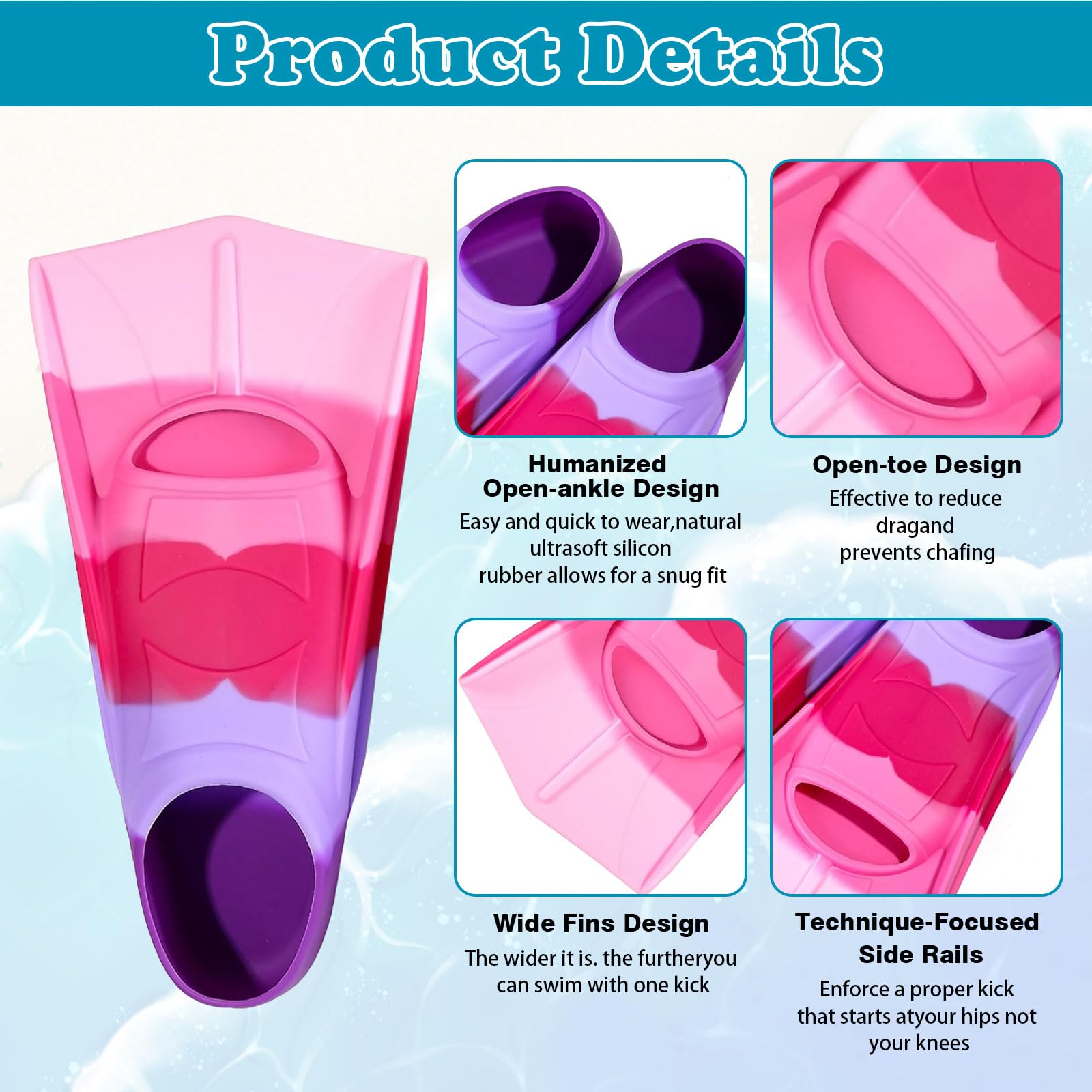 Pinne da nuoto in silicone, 100% silicone, pinne corte per allenamento, comode pinne in silicone, per bambini e adulti