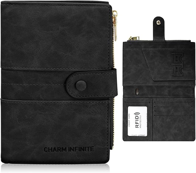 Thatyro RFID Blocking Passport Holder with Vaccine Card Slot Protector Passport and Vaccine Card Holder Combo Leather Bi-fold Large Capacity Travel Wallet with Zipper Gifts for Women Men (Black)