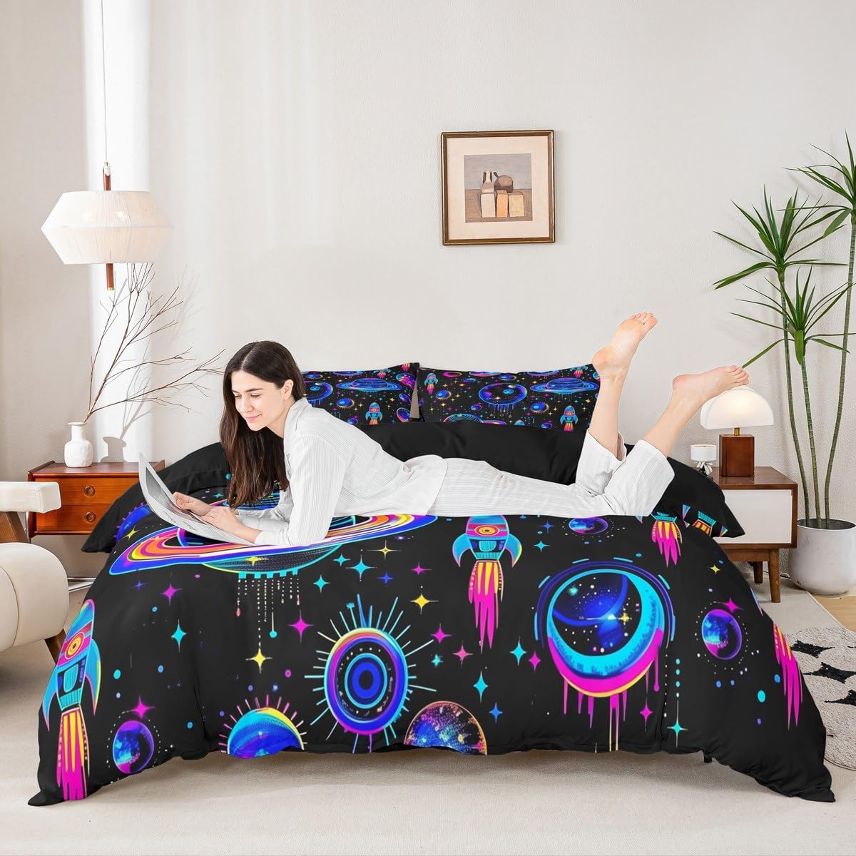 jejeloiu Kids Galaxy Bedding Set Toddler Size, Outer Space Duvet Cover Solar System Comforter Cover Boys Girls Universe Planets Teens Bedspread Cover Bed Set with 1 Pillow Case (No Comforter)
