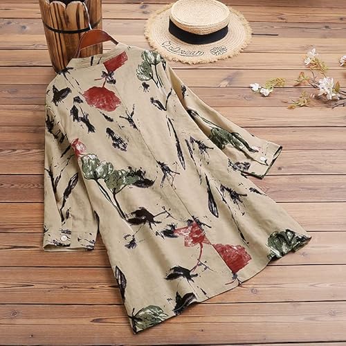 Zanzea Women's 3/4 Sleeve Casual Floral Printed Tunic Tops Button Down Deep V Neck Blouse Tops Summer Loose Shirts Tops With Side Pockets 03-Beige Xx-Large #TOP2