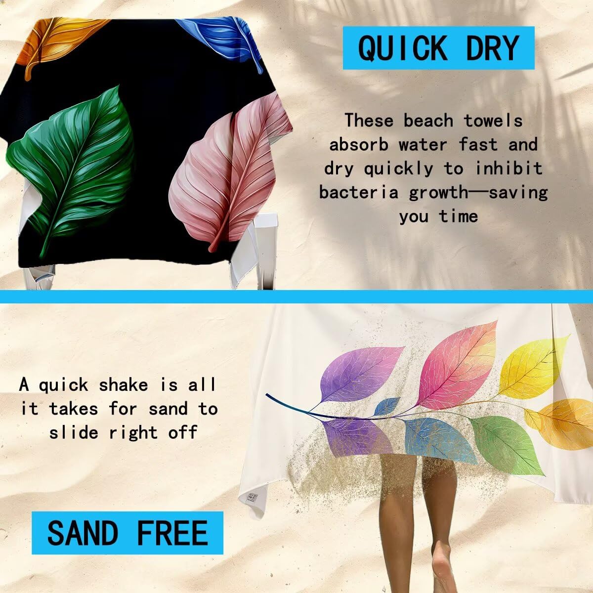 Ręcznik plażowy z mikrofibry, duży ręcznik plażowy 100 x 220 cm, 2 sztuki, damski ręcznik gimnastyczny szybkoschnący, odporny na piasek ręcznik z mikrofibry, lekkie ręczniki gimnastyczne na prezent