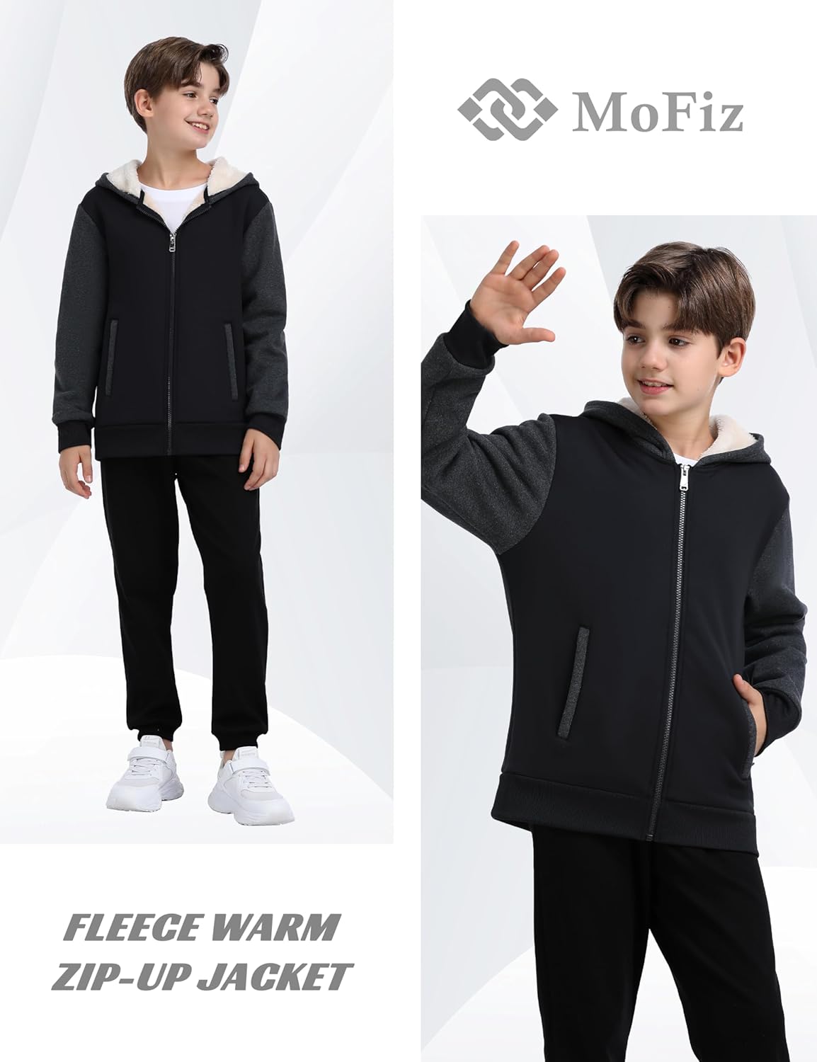 MoFiz Kids Sherpa Lined Hoodie Fleece Jacket Boys Girls Warm Sweatshirt Full Zip Hooded Soft Winter Coat School Outerwear - Image 6