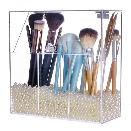 Wedddingwish - Soporte acrílico para brochas de maquillaje, organizador de maquillaje con tapa a prueba de polvo, estuche de almacenamiento de