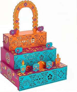 MotiMind Dia De Los Muertos Altar Ofrenda, Wooden Sugar Skull and Candle Papel Picado Day of The Dead Supplies with Photo Frame for Dia De Los Muertos Decor and Indian Diwali DecorationArch Style