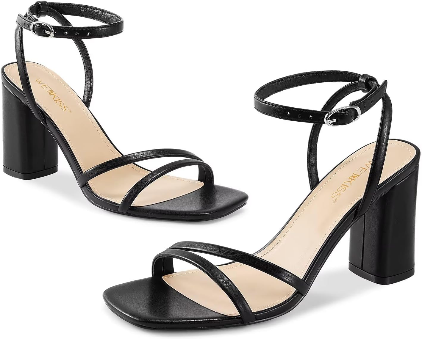 wetkiss Womens Sandals Chunky Strappy Heels Square Open Toe Ankle Buckle Comfort Dress Party Shoes - Image 4