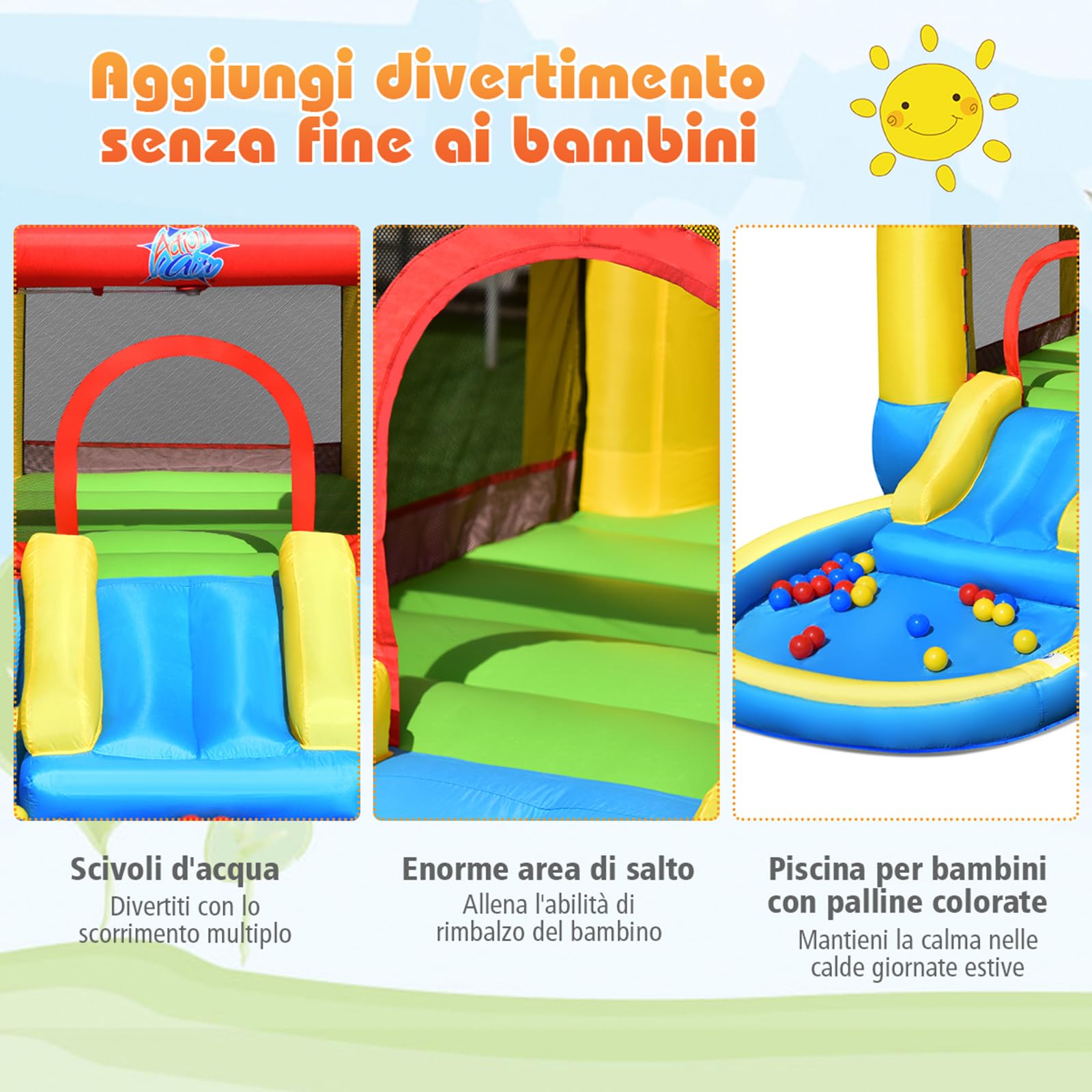 COSTWAY Castello gonfiabile per bambini, Con Scivolo ad Acqua, Trampolino e Piscina, per 2 Bambini di 3-5 Anni, Con Borsa di Trasporto e Kit di Riparazione, 365 x 200 x 190 cm (Senza soffiatore)