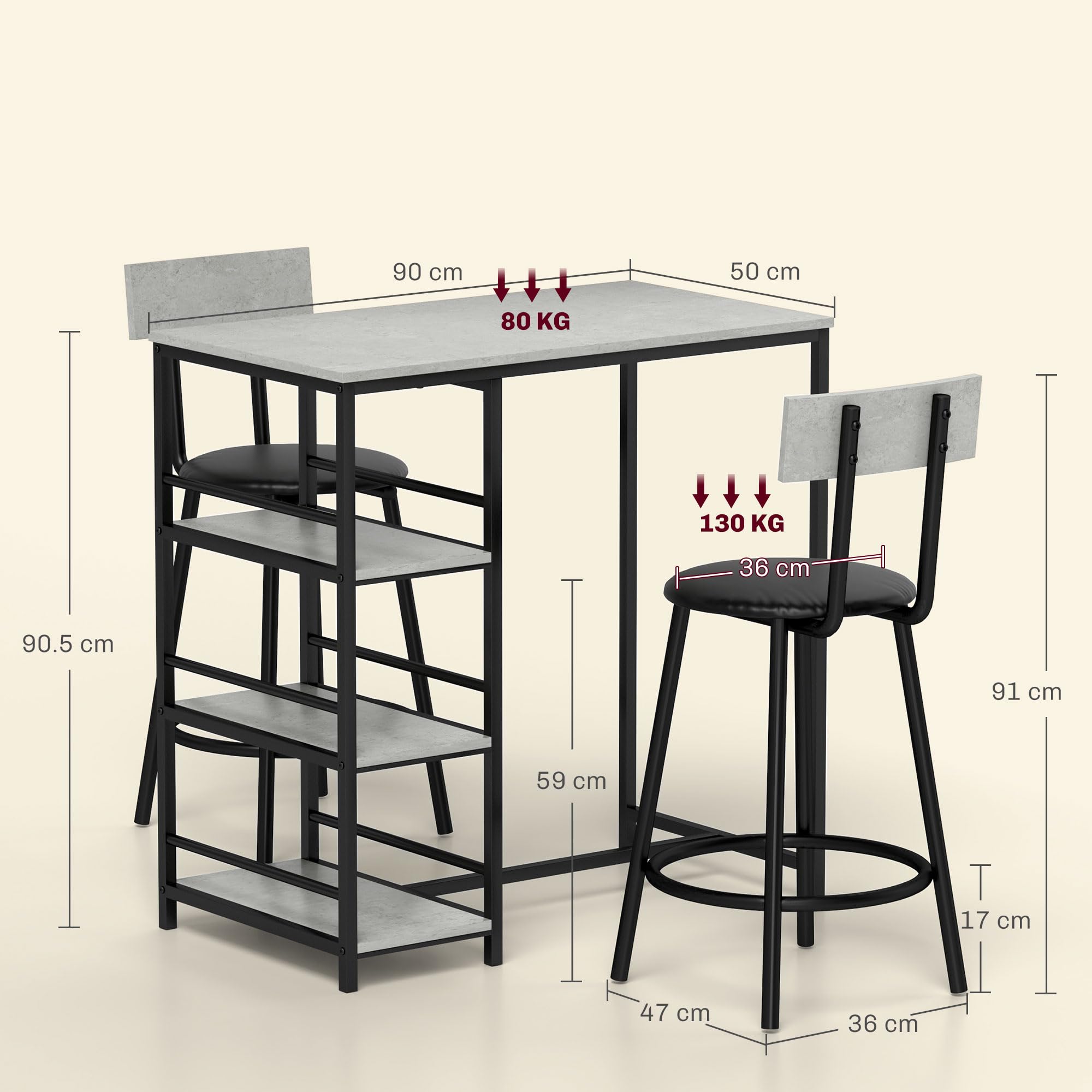 HOMCOM Set Tavolo Bar con 2 Sgabelli, Bancone Bar con 3 Ripiani, Tavolo Alto con Sgabelli Bar con Schienale, Tavolino Bar per Pranzo, Soggiorno e Cucina, Grigio Chiaro