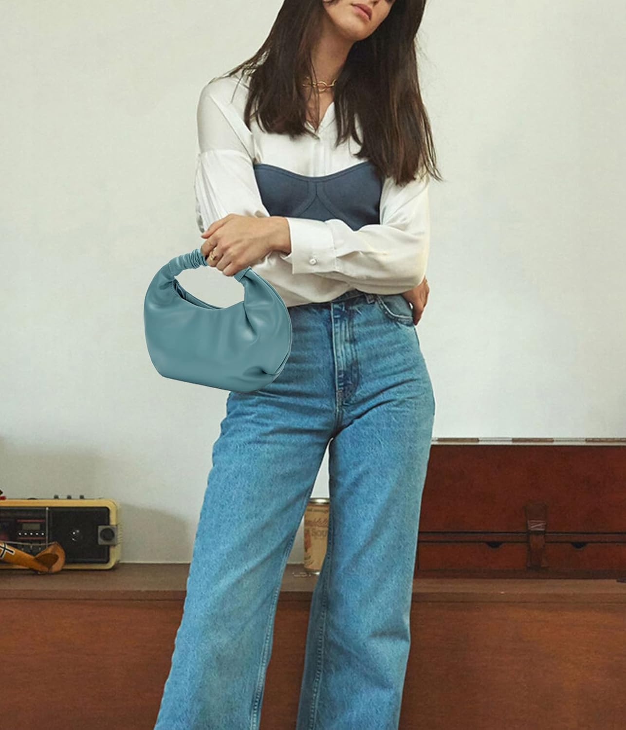 Chic Top Handle Bag for Women Small Ruched Hobo Handbag Soft Faux Leather Tote Bags Purse - Image 3