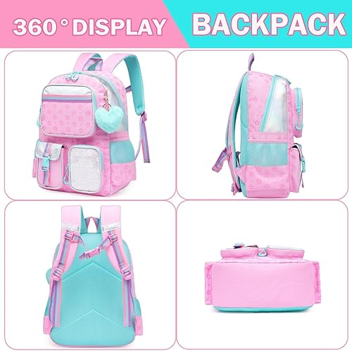Miniatura 5 de Meetbelify Mochila escolar para niñas, mochila escolar para estudiantes de primaria, linda mochila escolar para niñas de 8 a 10 años, Rosado, 17