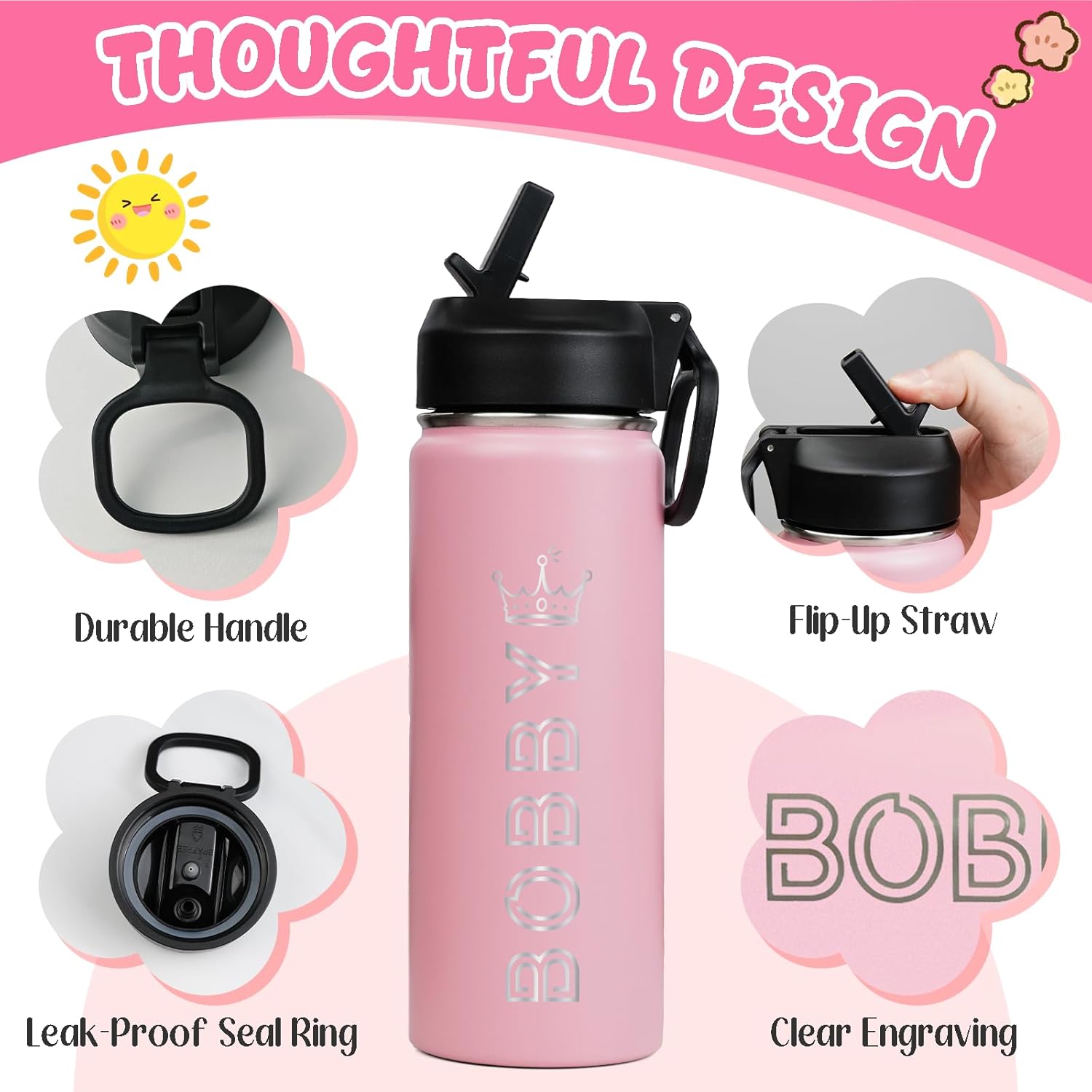 Ships from USA,Personalized Custom Kids Water Bottle Engraved With Name Logo,Custom Insulated Stainless Steel Sports Water Bottle with Straw Lid,Personalized Christmas Gifts for Boys Girls - Image 3