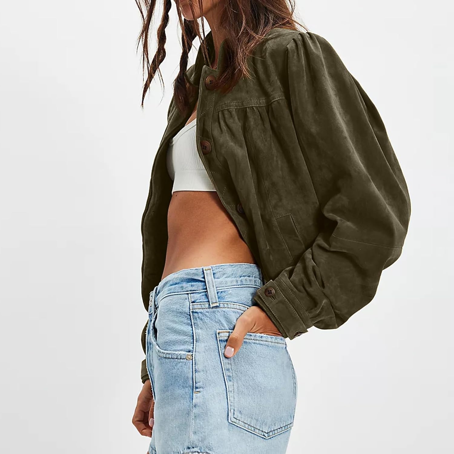 Womens Cropped Faux Suede Jacket Puffed Long Sleeve Stand Collar Button Down Pilot Jackets Coat - Image 3