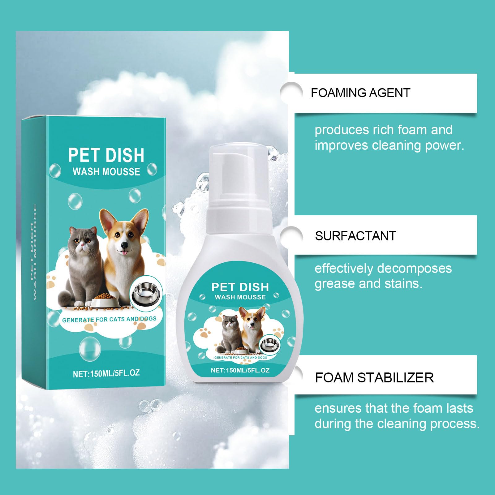 Mousse nettoyante pour gamelle pour animal domestique de 150 ml pour un usage quotidien assurant un nettoyage doux