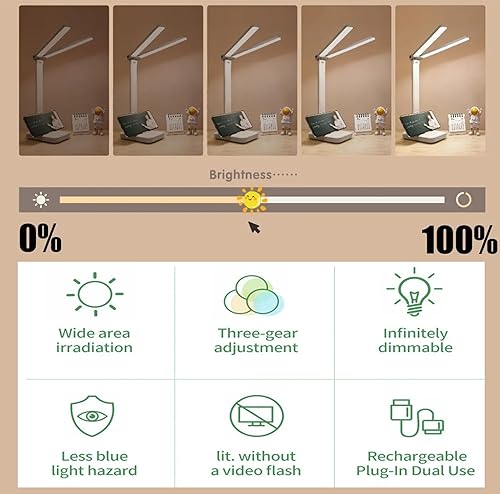 Lampe de Bureau LED Double Tête 40CM, Double Tête, 4000mAh Lampe, 3 Modes de Couleur Dimmable, Port de Charge USB, Protection des Yeux Lampe de Table Pliable pour éclairage de Bureau, Lecture, Dessin - 3