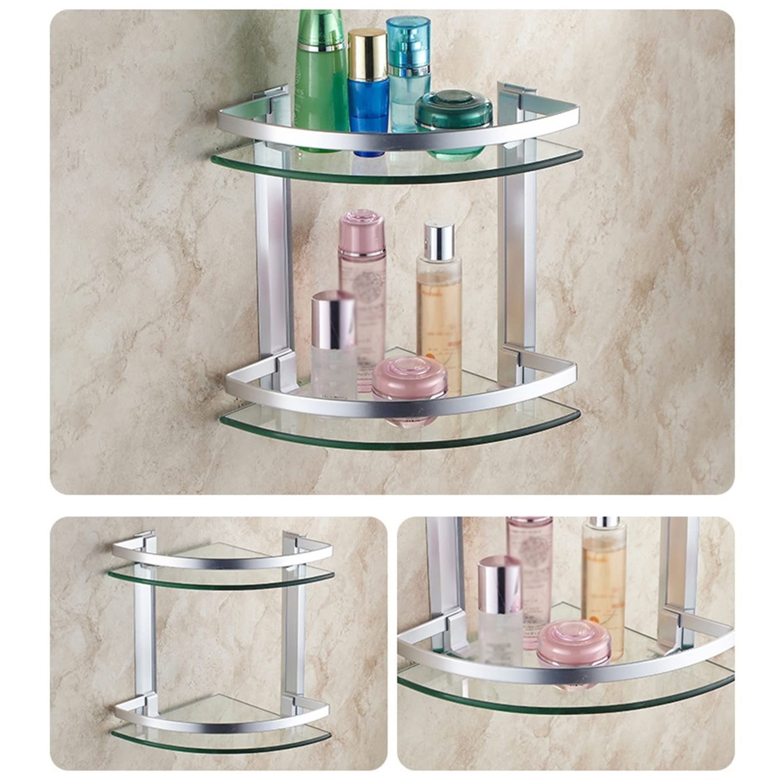 Estante de cristal montado en la pared de 2 niveles para baño, estante de almacenamiento de esquina de aluminio y vidrio templado con riel moderno acabado plateado organizador de ducha