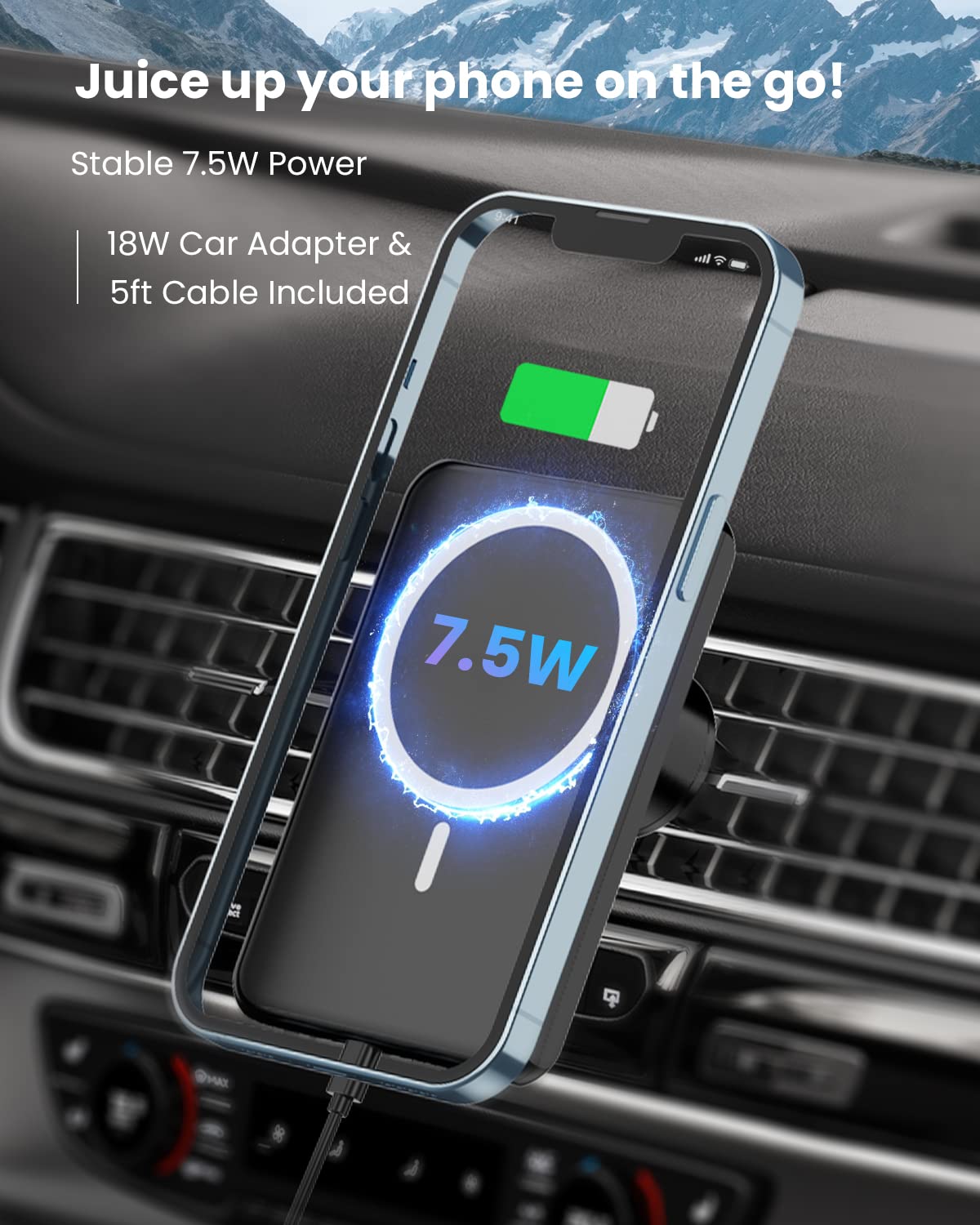 JoyGeek Magnetic Wireless Car Charger, Compatible with Mag-Safe Car Mount Charger for iPhone 14/13/12 Series, Car Air Vent Phone Holder Mount with 18W Car Charger, Black