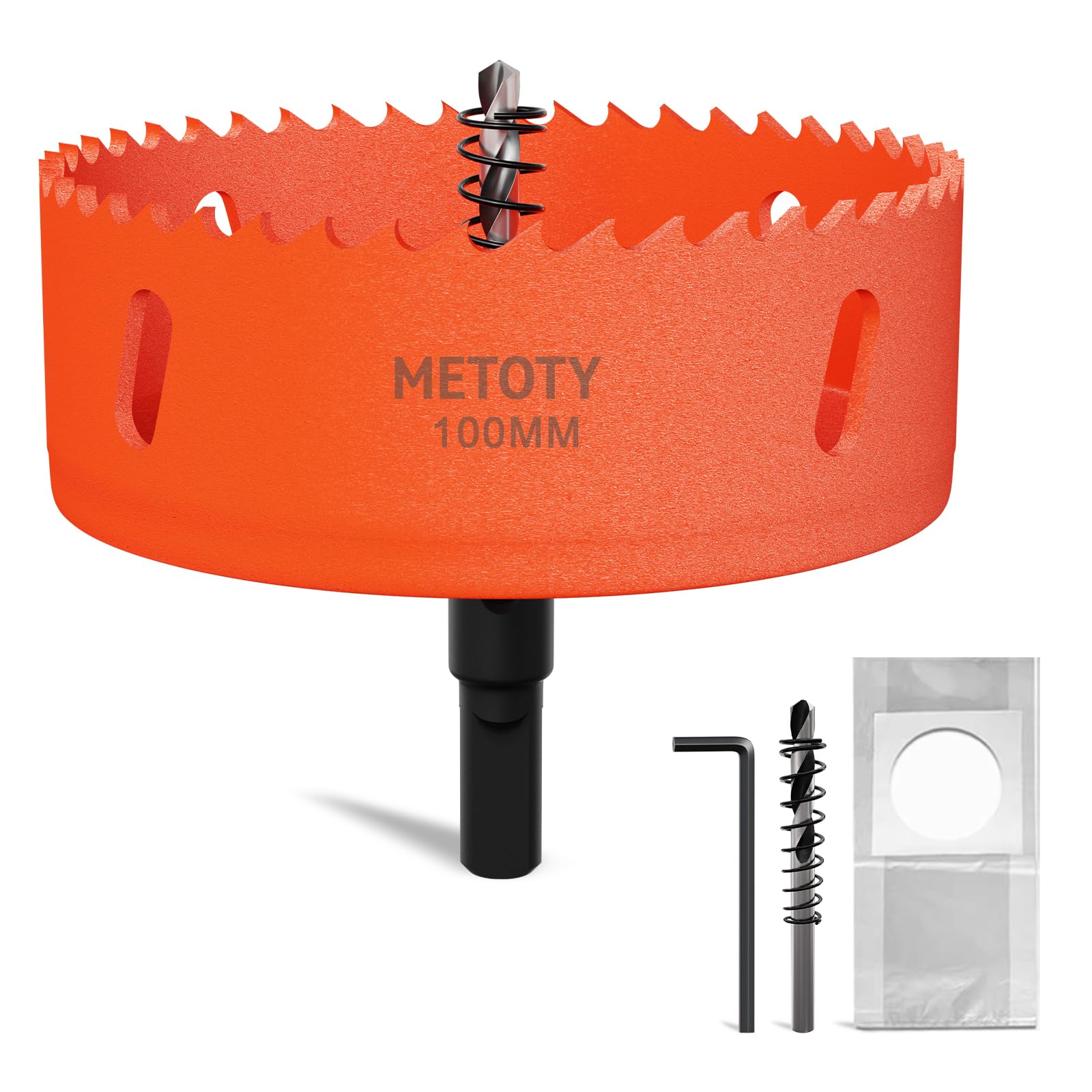 METOTY 100mm Bi-Metal Hole Saw,Universal HSS M42 Hole Saws,with Triangular Shaft Adapter and Centring Drill, One Free Dust Bag for Aluminum, Metals, Plastics, Acrylic Glass, Wood, Gypsum board