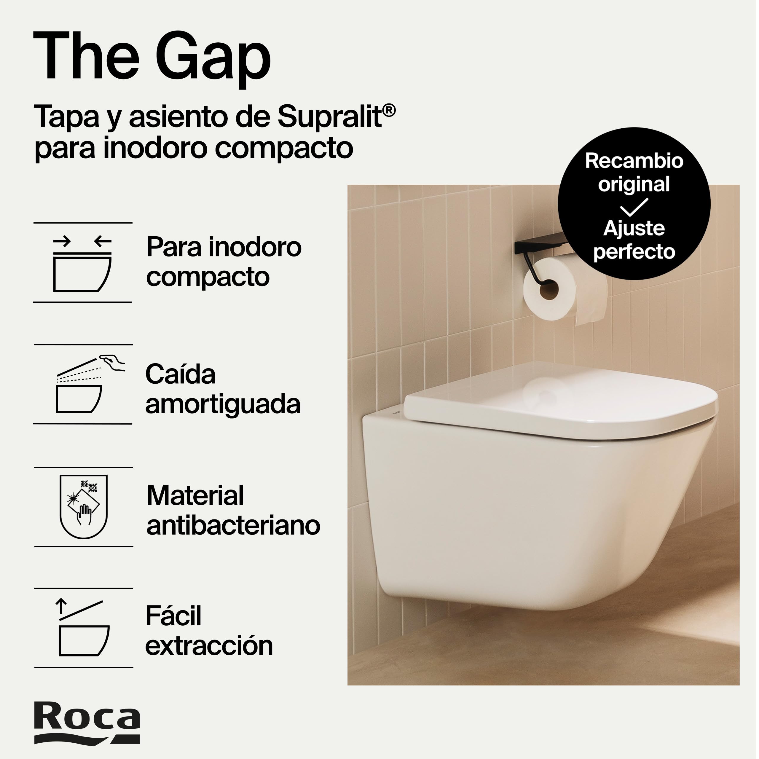 Roca The Gap - Tapa y asiento de Supralit para inodoro compacto, tapadera de WC original con caída amortiguada, recambio de tapa de váter resistente, blanco, A80173200B