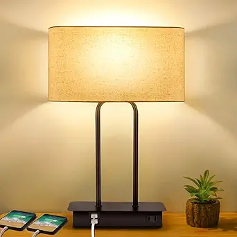 3-Way Dimmable Touch Control Table Lamp with 2 USB Ports and AC Power Outlet Modern Bedside Night...