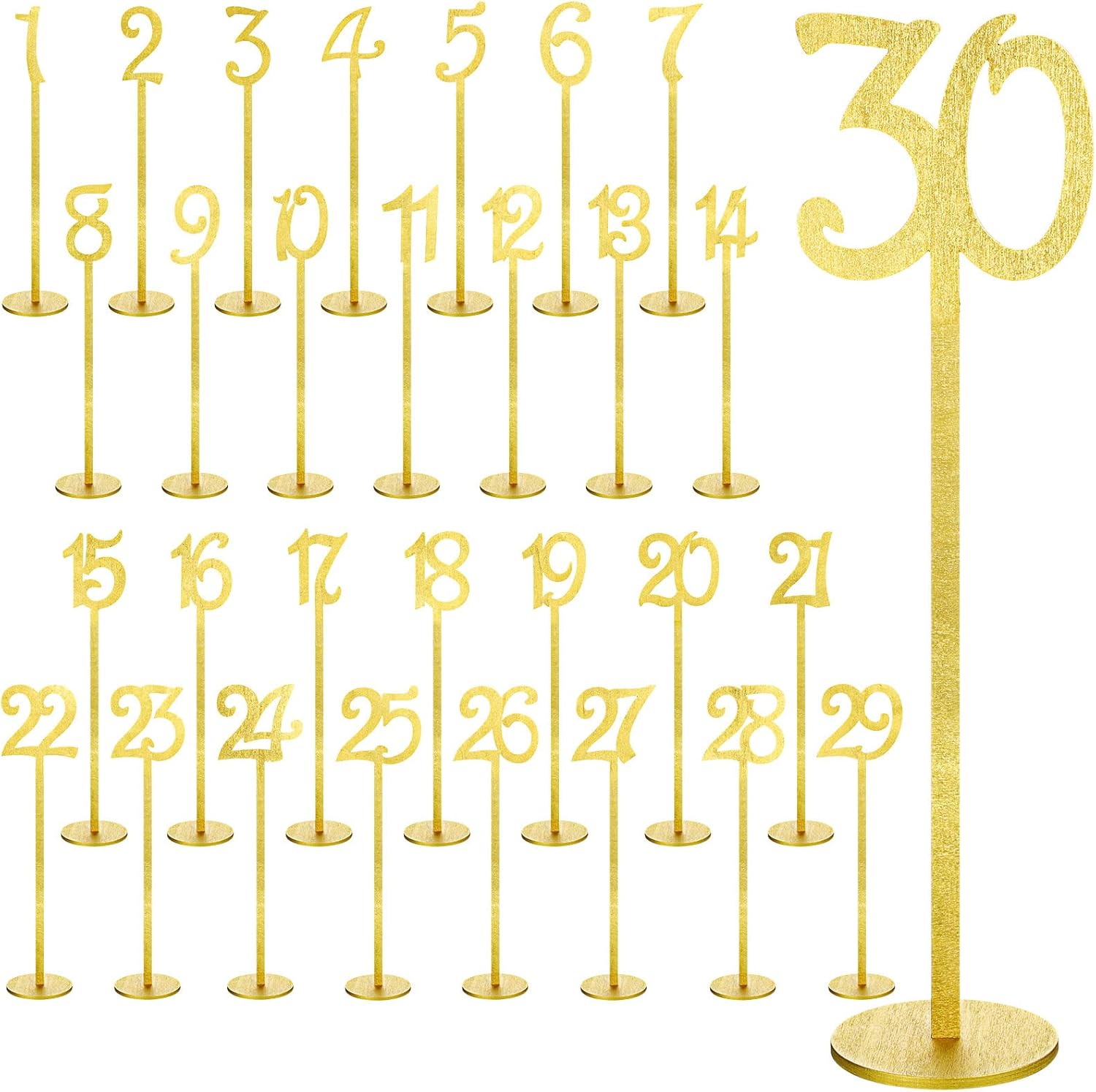 30 Pcs Table Numbers Wedding 1-30 Table Numbers Wood Table Numbers for Wedding Reception Stands Seat Numbers with Holder Base Table Numbers for Wedding Party Event Catering (Gold Color)