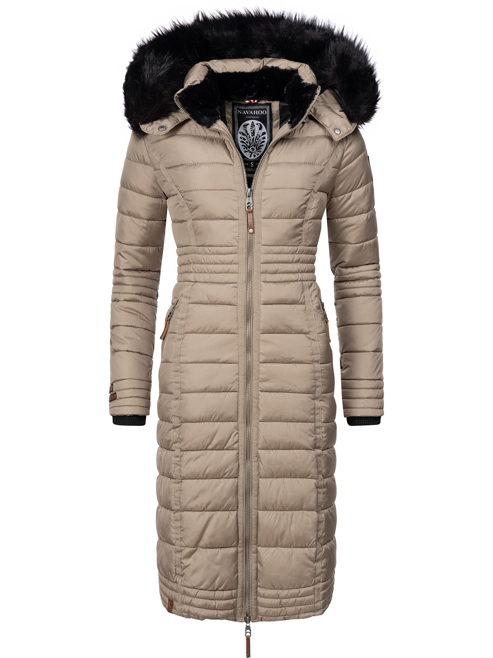 Navahoo Women's Taupe Umay Winter Coat, Warm Quilted Coat, Long, With Hood, Xs–Xxl, L