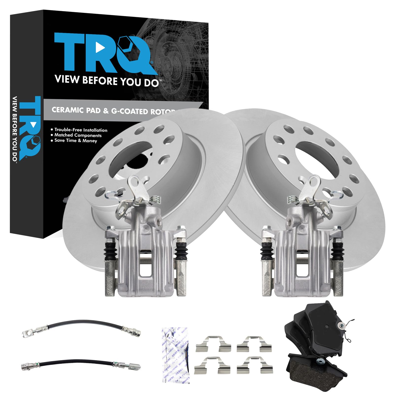 TRQ Rear Brake Pad and Rotor Set Ceramic G Coated Rotors Calipers Compatible with 2010 Audi A3 A3 Quattro 2011 Volkswagen Golf 2013 Jetta