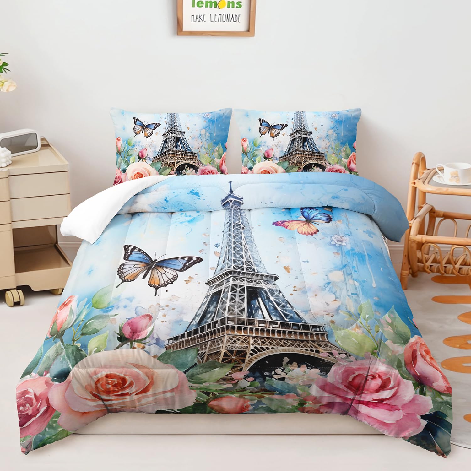 AILONEN Paris Blue Eiffel Tower Comforter Set Full Size, Watercolor Rose Flower Soft Bedding Set for Room Decor,Romantic Eiffel Tower Comforter with 2 Pillowcases,3-Piece