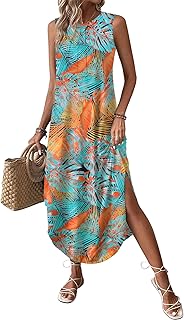 Women Floral Summer Casual Beach Printed Tank Dress with Pockets Pleated Front Long Dress