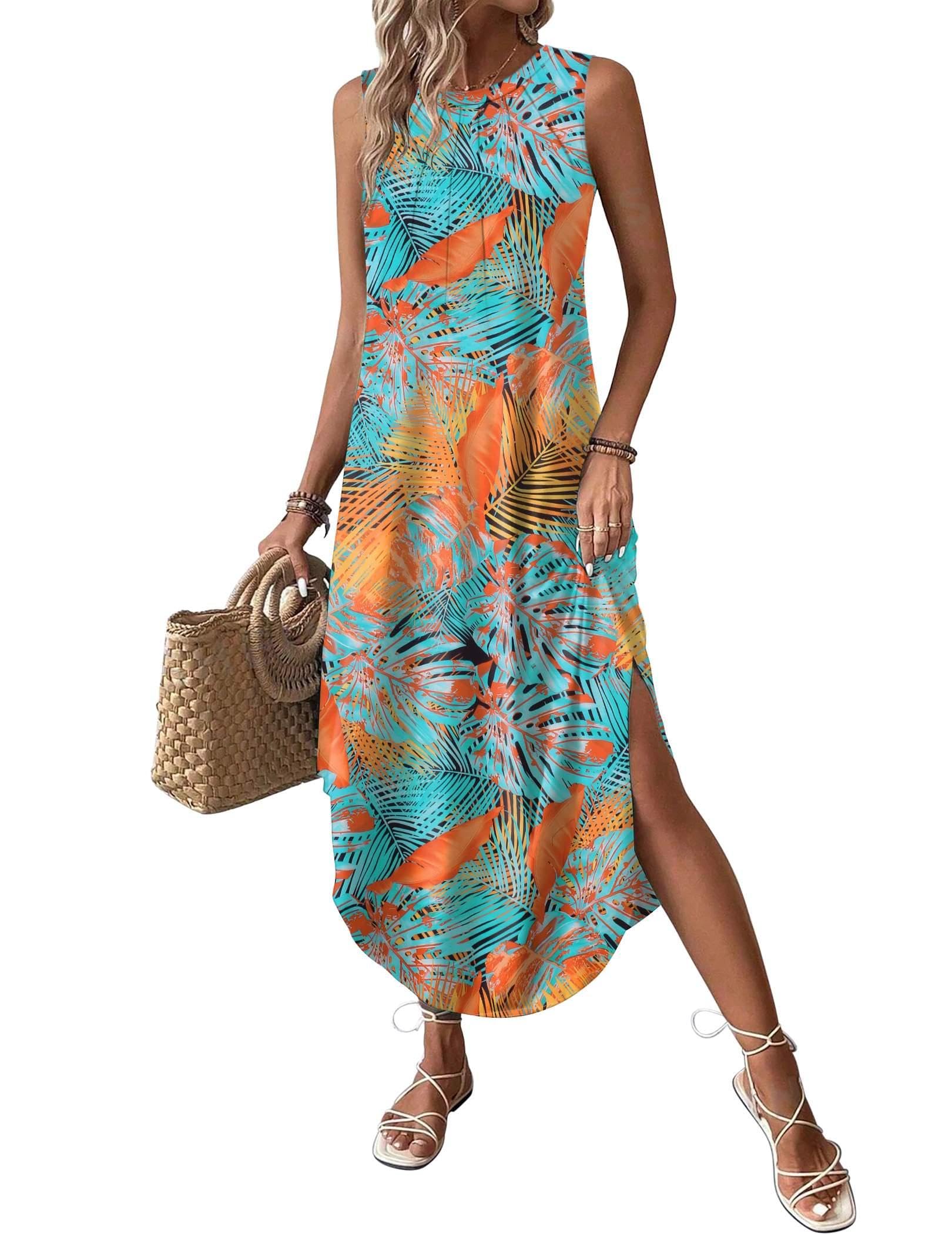 Women Floral Summer Casual Beach Printed Tank Dress with Pockets Pleated Front Long Dress