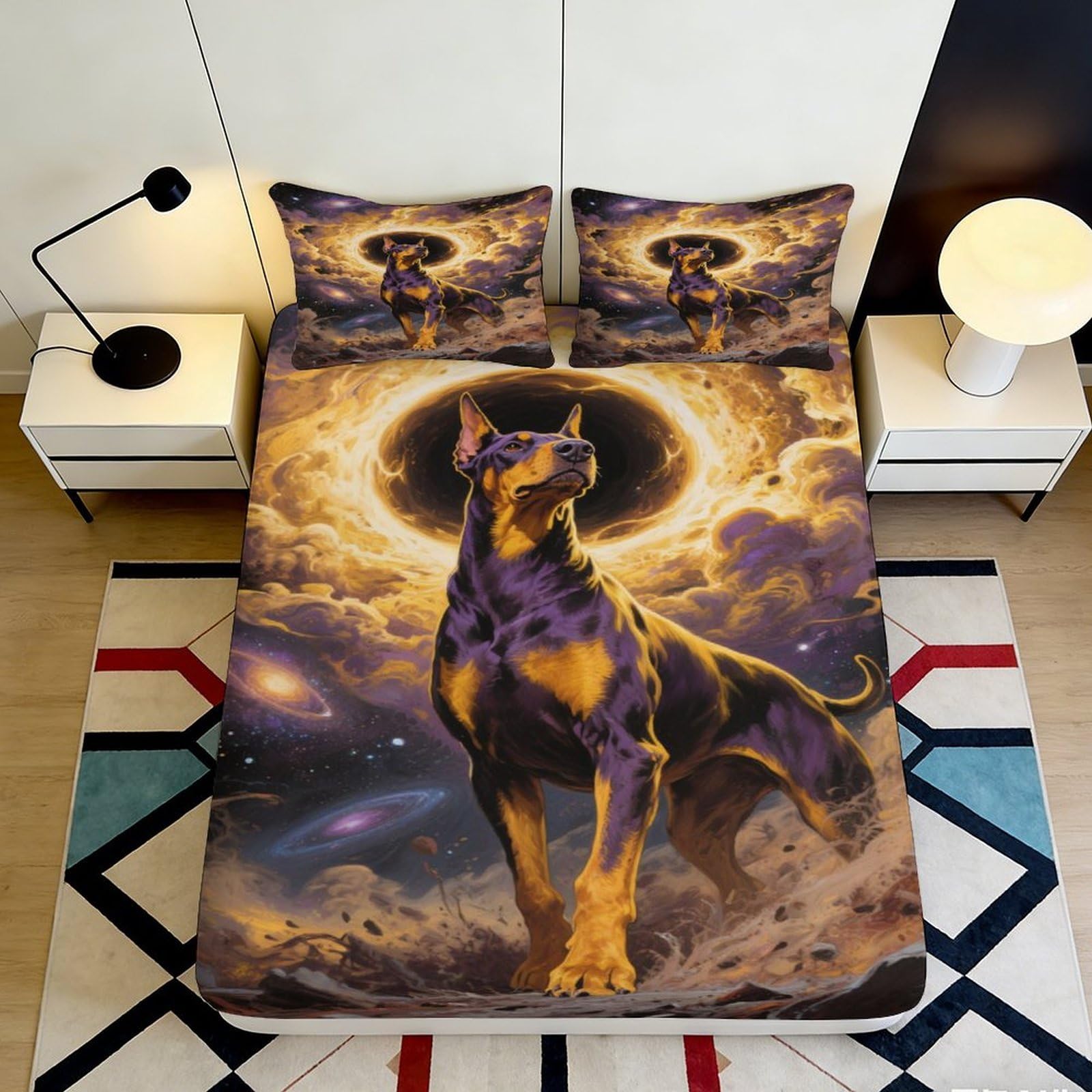 3D Printed Cosmic Dog Fitted Sheet Microfiber Bedroom Decor Galaxy Nebula Mattress Cover Anti-Slip Easy Care for Home 90x200x25cm