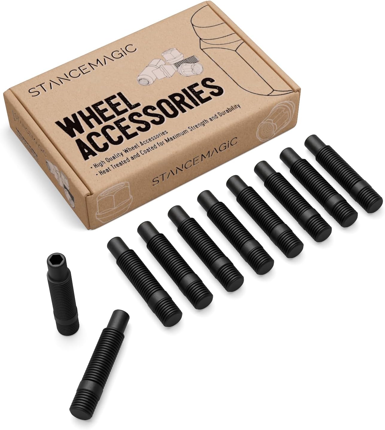 StanceMagic Wheel Stud Conversion Kit, 14x1.5 to 12x1.5, 62mm Total Length, 45mm Shank, Compatible with Audi Mercedes Volkswagen (Ensure Car uses 14x1.5 Bolts) Screw Adapter, Black, Pack of 10